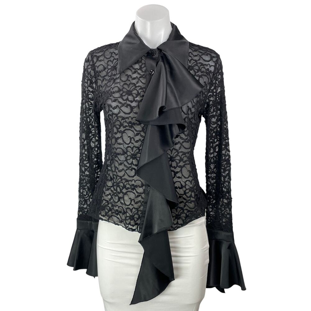 Sava Black Long Bell Sleeve Mesh Sheer Ruffle Floral Button Up Blouse Top Size M